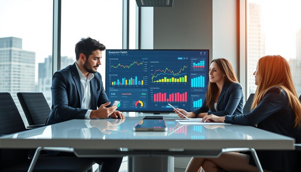 A modern office environment featuring a diverse group of three professionals—one male and two females—working together at a sleek conference table. They are intently analyzing mobile app session depth metrics displayed on a large digital screen behind them. The screen should show colorful graphs and charts with data trends, representing user engagement metrics. In the foreground, the professionals are dressed in smart business attire, discussing insights animatedly. The background features floor-to-ceiling windows with cityscape views, allowing natural light to illuminate the room. The atmosphere is collaborative and focused, highlighting a sense of innovation and strategy in digital marketing. Use a wide-angle lens perspective to capture both the details on the screen and the interactions among the team. A modern office environment featuring a diverse group of three professionals—one male and two females—working together at a sleek conference table. They are intently analyzing mobile app session depth metrics displayed on a large digital screen behind them. The screen should show colorful graphs and charts with data trends, representing user engagement metrics. In the foreground, the professionals are dressed in smart business attire, discussing insights animatedly. The background features floor-to-ceiling windows with cityscape views, allowing natural light to illuminate the room. The atmosphere is collaborative and focused, highlighting a sense of innovation and strategy in digital marketing. Use a wide-angle lens perspective to capture both the details on the screen and the interactions among the team.
